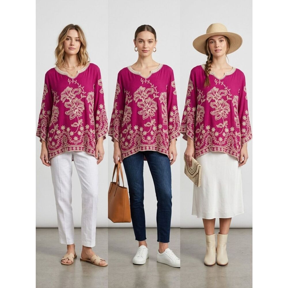 Solitaire Raspberry Tunic with Cream Floral Embroidery